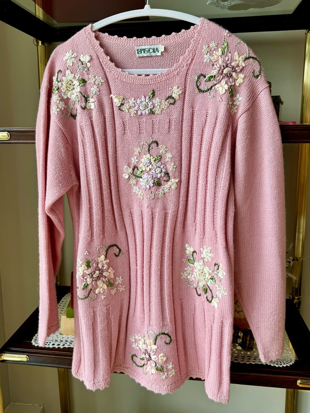 Vintage Episcia Pink Ribbon Embroidered Floral Knit Sweater M